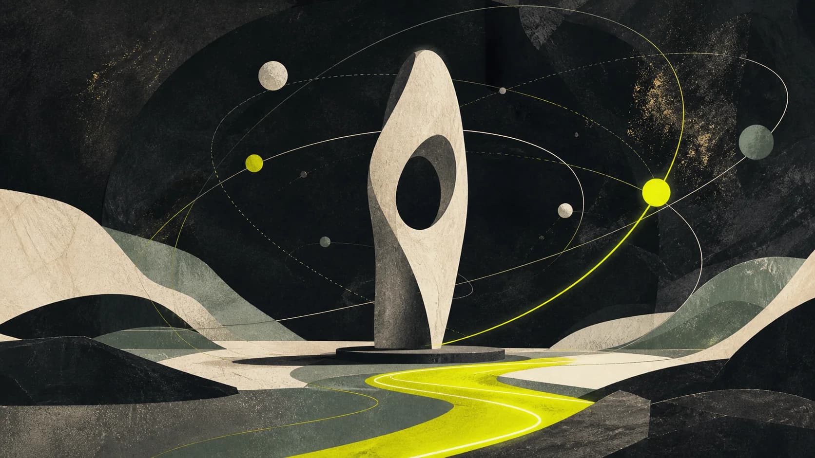 Abstract typographic-like forms and domain orbits forming a balanced identity