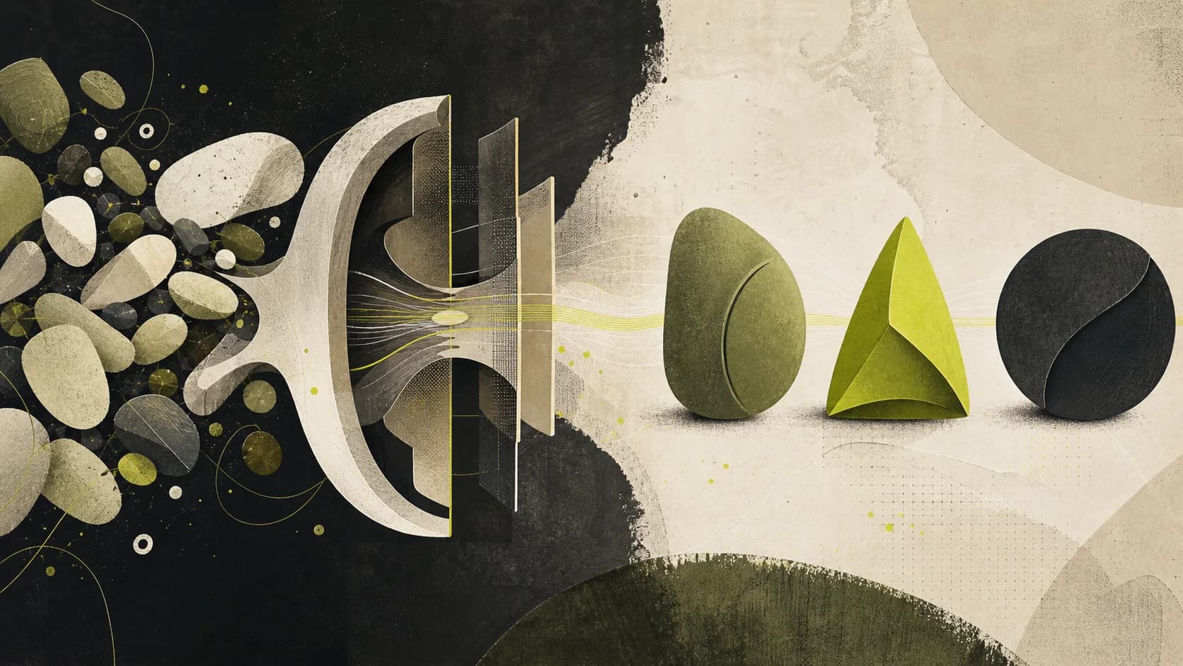 Abstract naming engine shaping many raw forms into three precise candidates