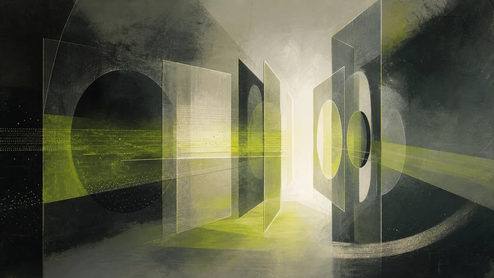 Abstract layered gates opening around a luminous central form