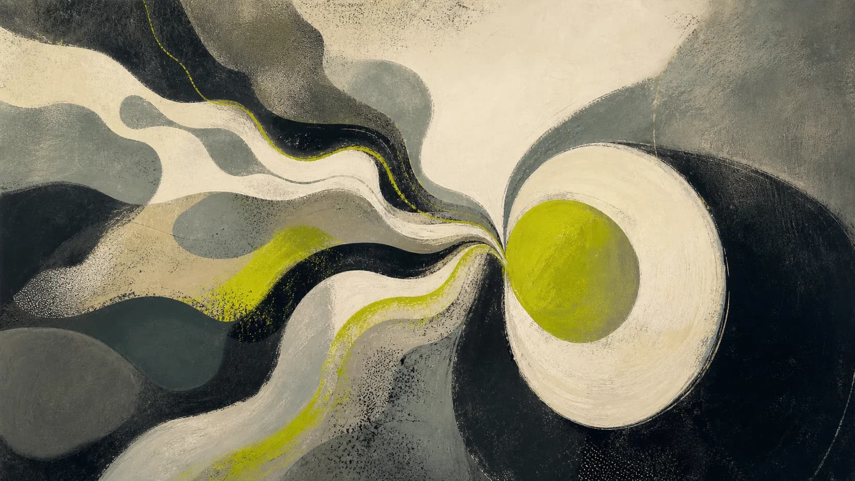 Abstract lime and charcoal paths converging into one distinct shape