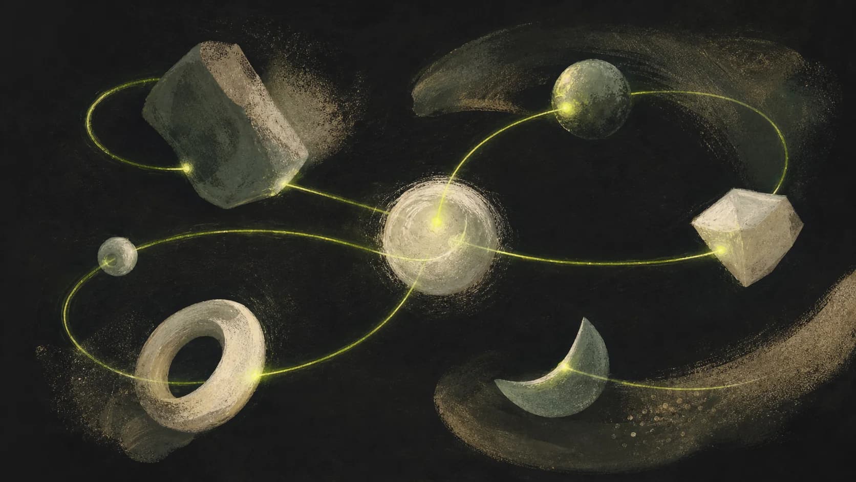 Abstract orbiting shapes sharing one continuous lime signature