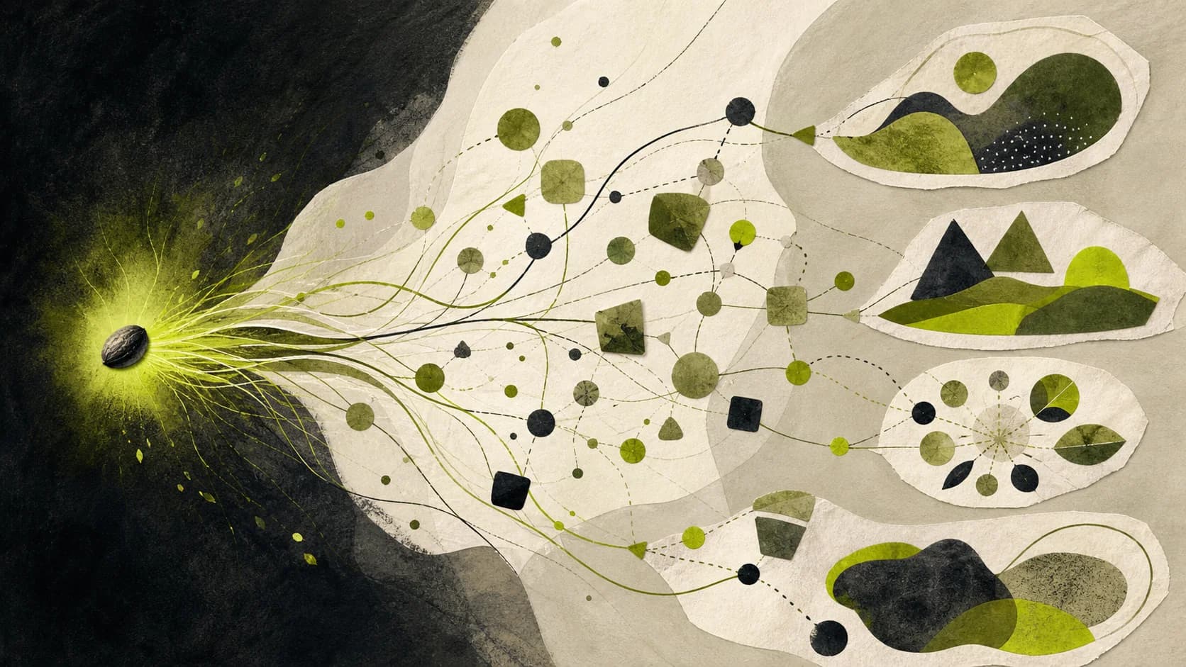 Abstract seed-like form expanding into a flexible network of possibilities